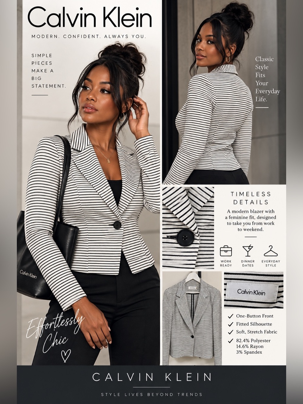 Calvin Klein Black & White Striped One-Button Blazer size Large
